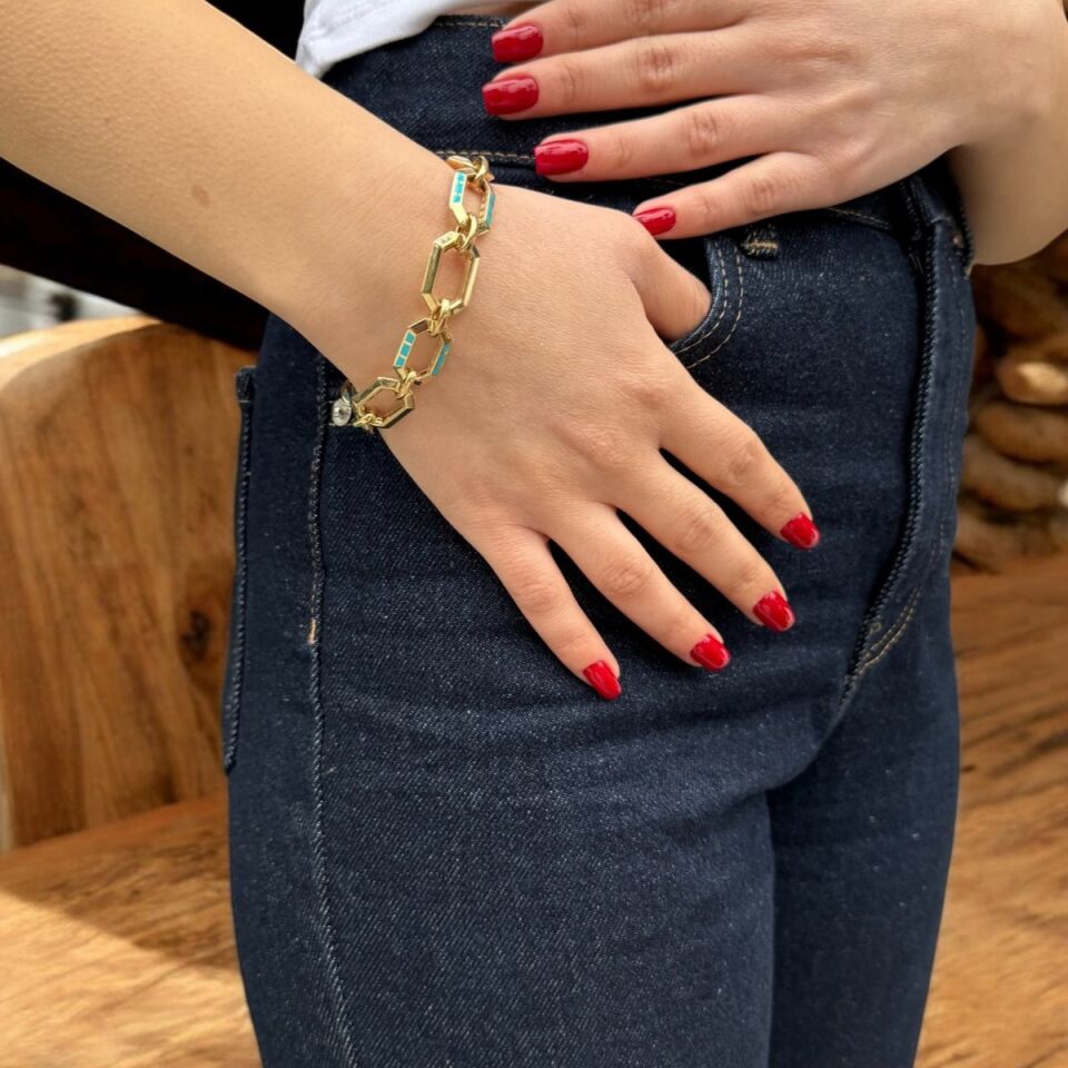 14 AYAR İTALYAN KALIN ATAÇ MODEL ÜZERİ MAVİ MİNELİ BİLEKLİK