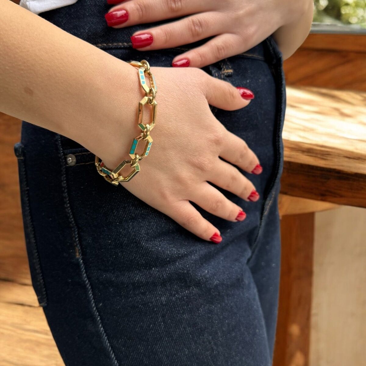 14 AYAR İTALYAN KALIN ATAÇ MODEL ÜZERİ MAVİ MİNELİ BİLEKLİK