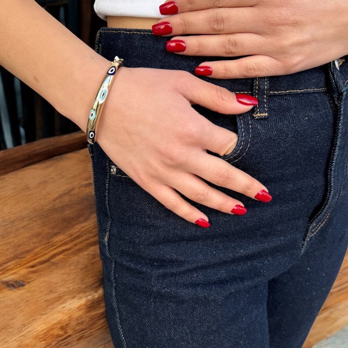 14 AYAR TURKUAZ VE LACİVERT GÖZ MİNELİ İTALYAN ALTIN KELEPÇE BİLEZİK