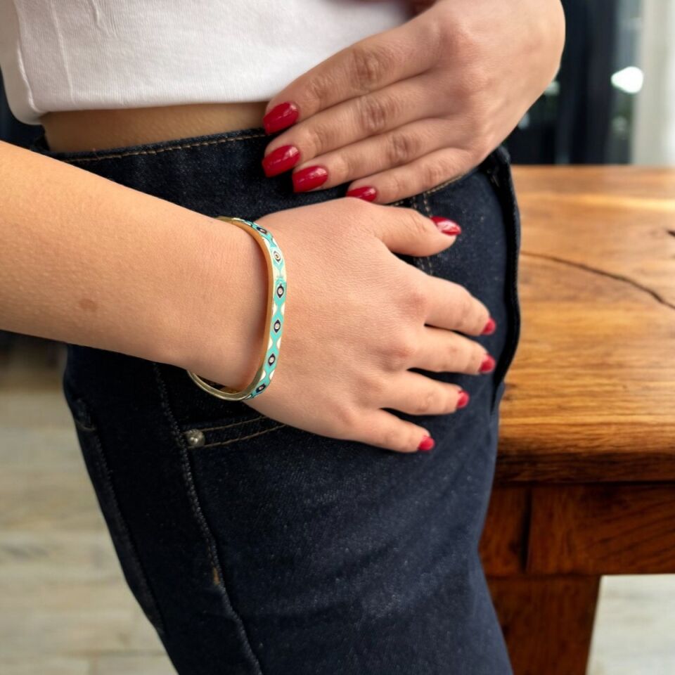 14 AYAR TURKUAZ MİNELİ İTALYAN ALTIN KELEPÇE BİLEZİK