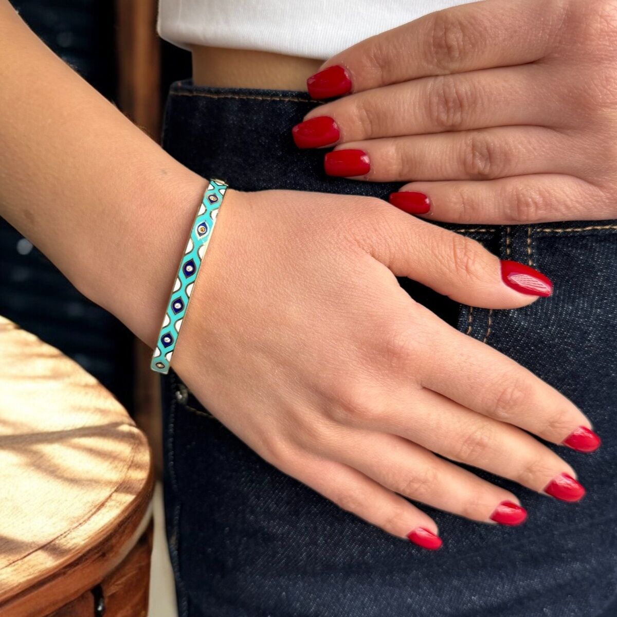 14 AYAR TURKUAZ MİNELİ İTALYAN ALTIN KELEPÇE BİLEZİK