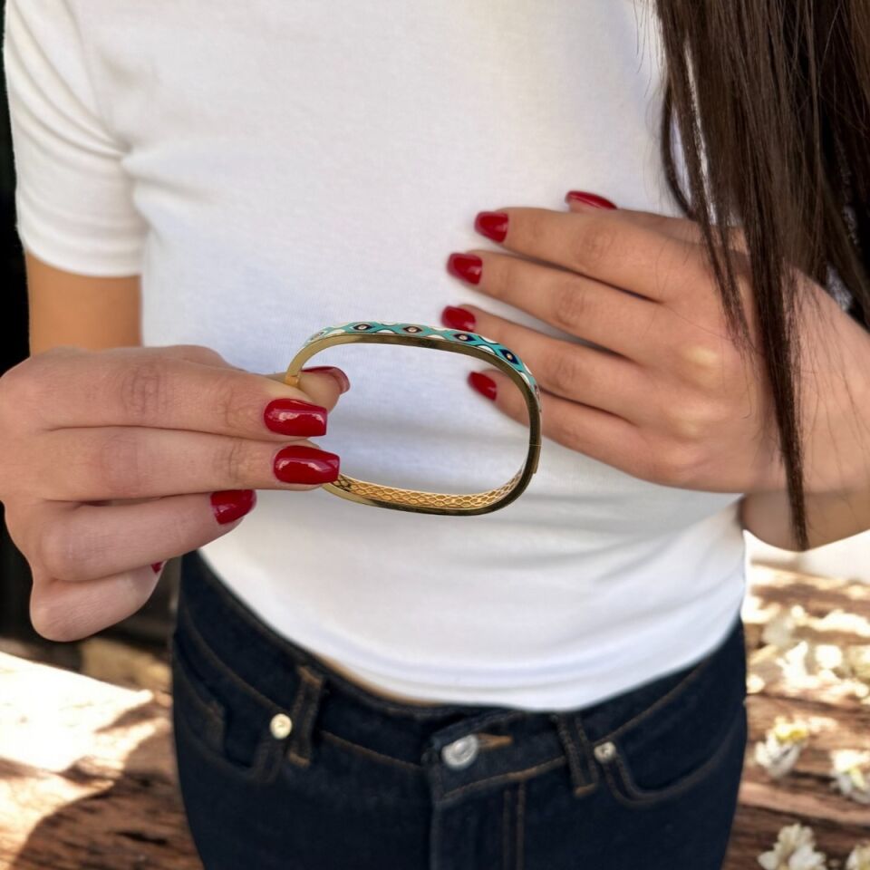 14 AYAR TURKUAZ MİNELİ İTALYAN ALTIN KELEPÇE BİLEZİK