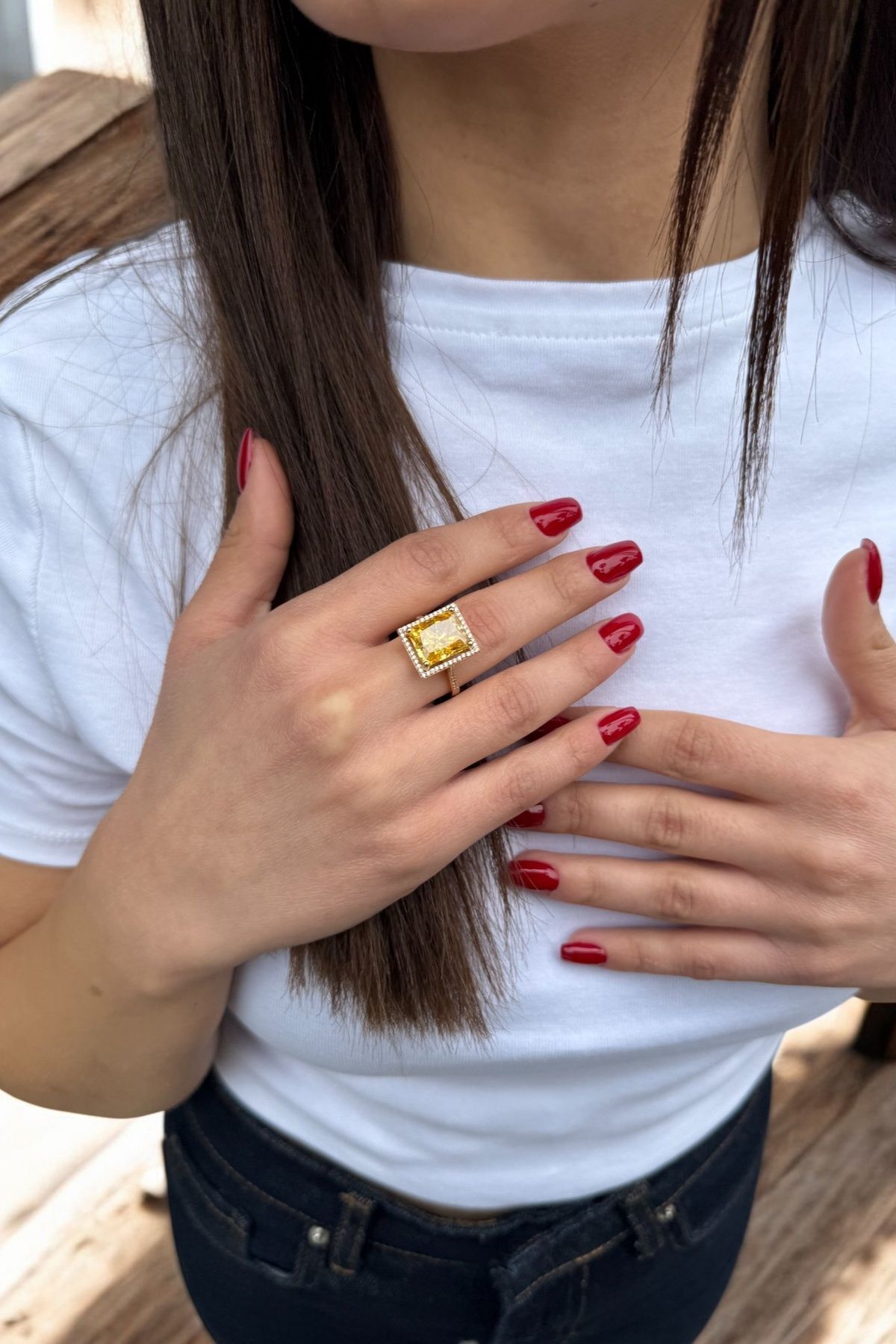 14 AYAR ÖZEL TASARIM BAL TOPAZ TAŞLI ALTIN YÜZÜK