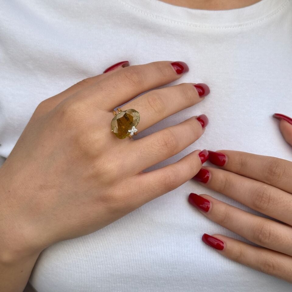 14 Ayar Pırlanta Taşlı Orjinal Turmalin Altın Yüzük