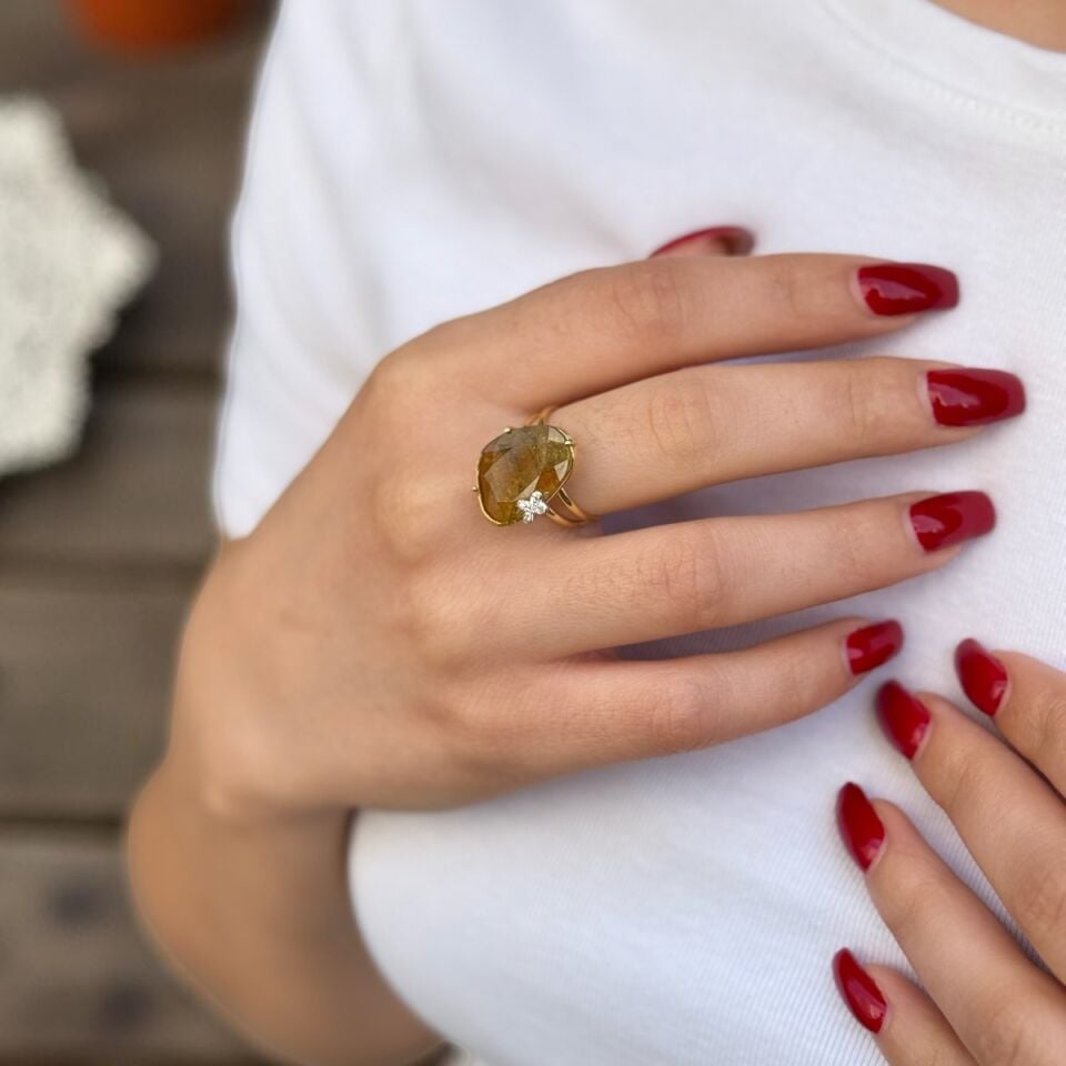 14 Ayar Pırlanta Taşlı Orjinal Turmalin Altın Yüzük