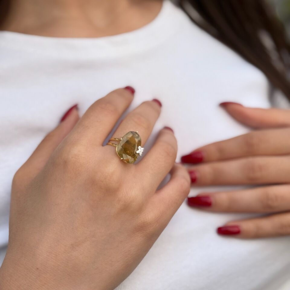 14 Ayar Pırlanta Taşlı Orjinal Turmalin Altın Yüzük