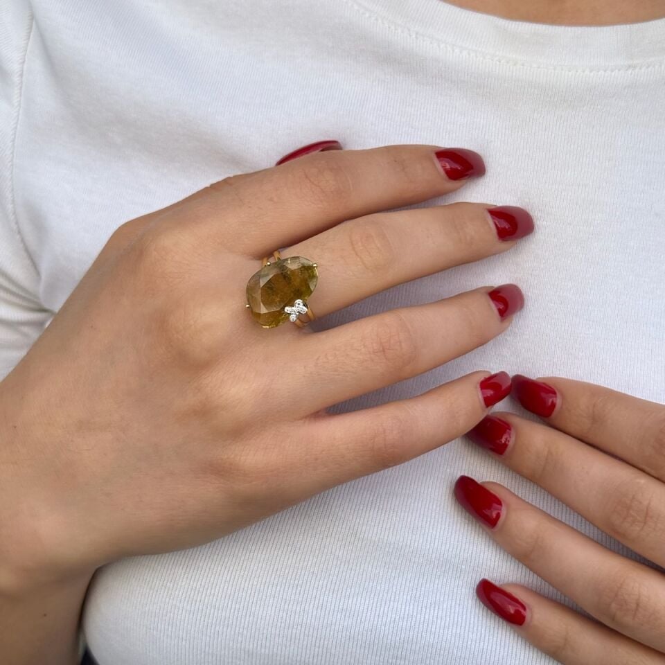 14 Ayar Pırlanta Taşlı Orjinal Turmalin Altın Yüzük