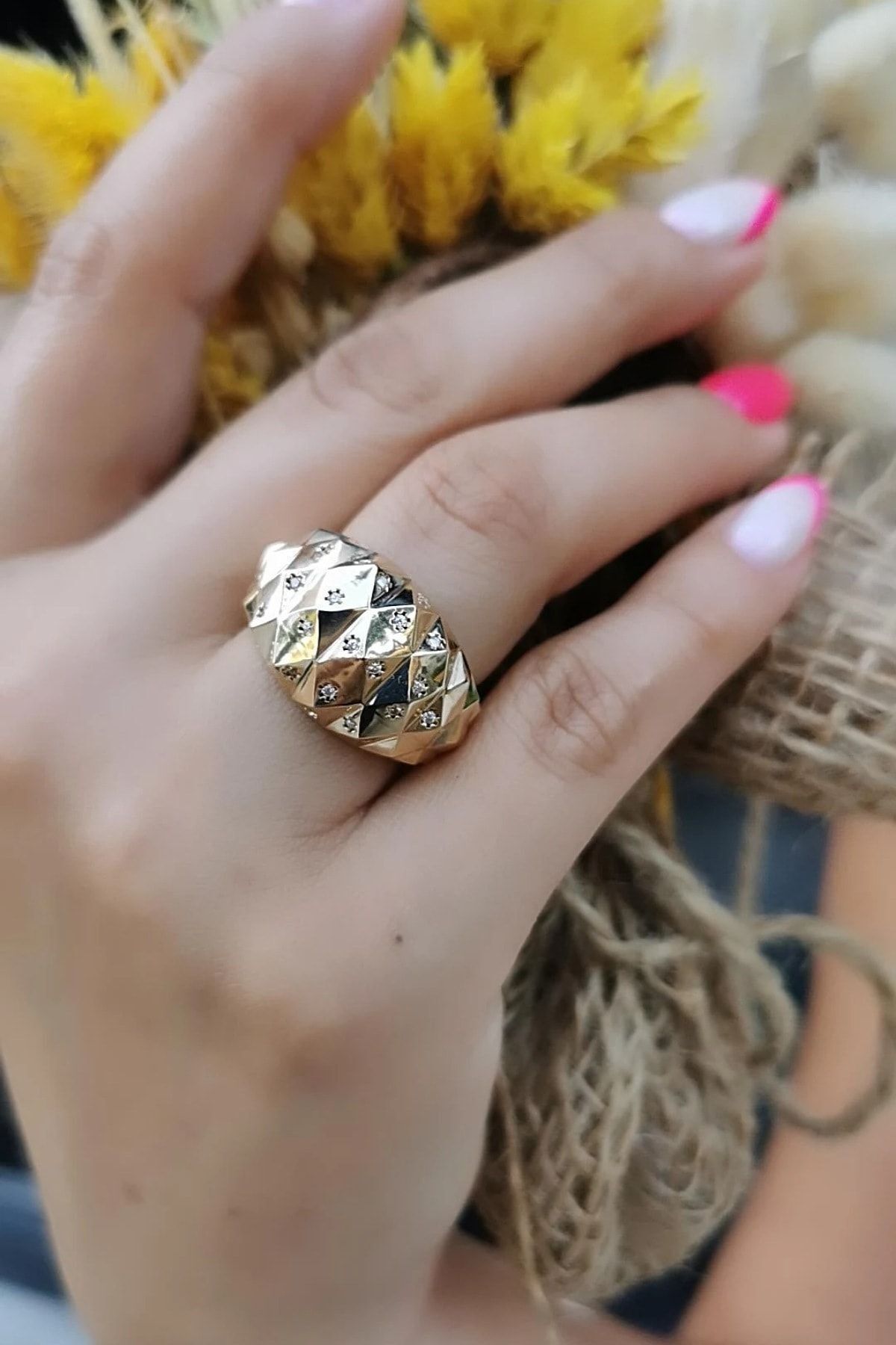 14 AYAR ÖZEL TASARIM ÜSTÜ TAŞLI İTALYAN FÜZYON ALTIN YÜZÜK 19