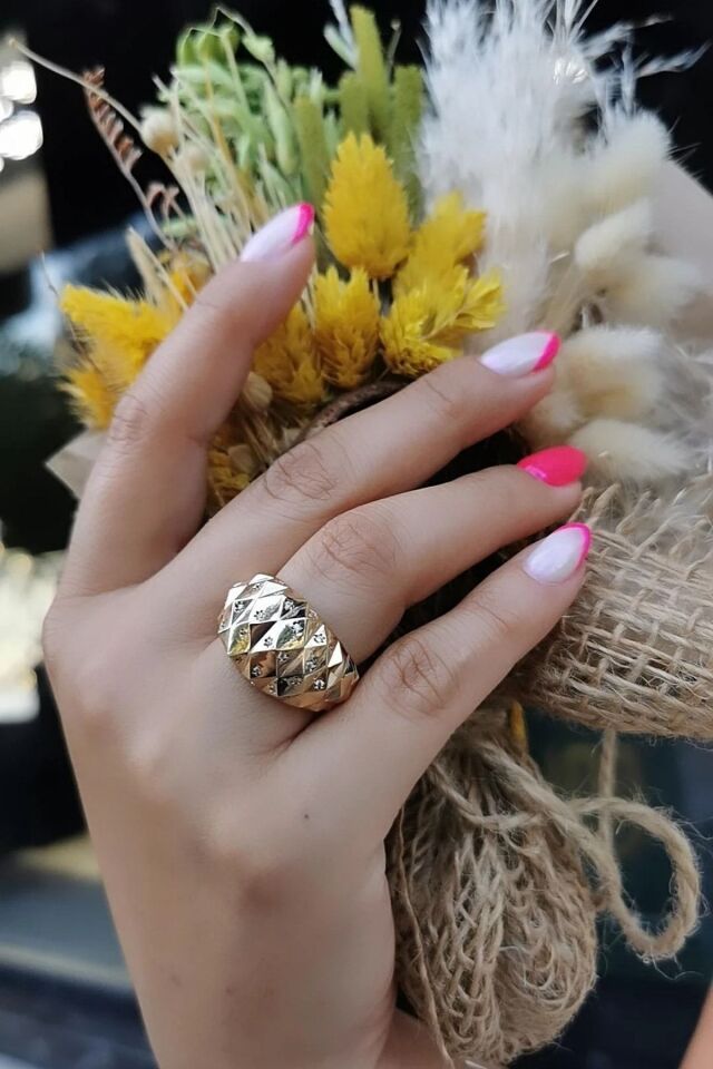 14 AYAR ÖZEL TASARIM ÜSTÜ TAŞLI İTALYAN FÜZYON ALTIN YÜZÜK 19