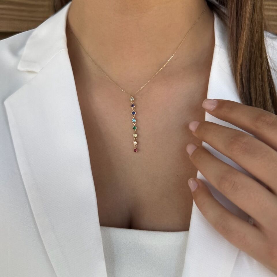 14 AYAR RENKLİ TAŞLI ALTIN KOLYE