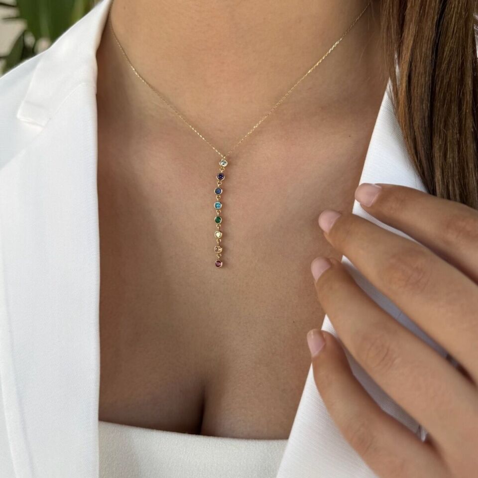 14 AYAR RENKLİ TAŞLI ALTIN KOLYE