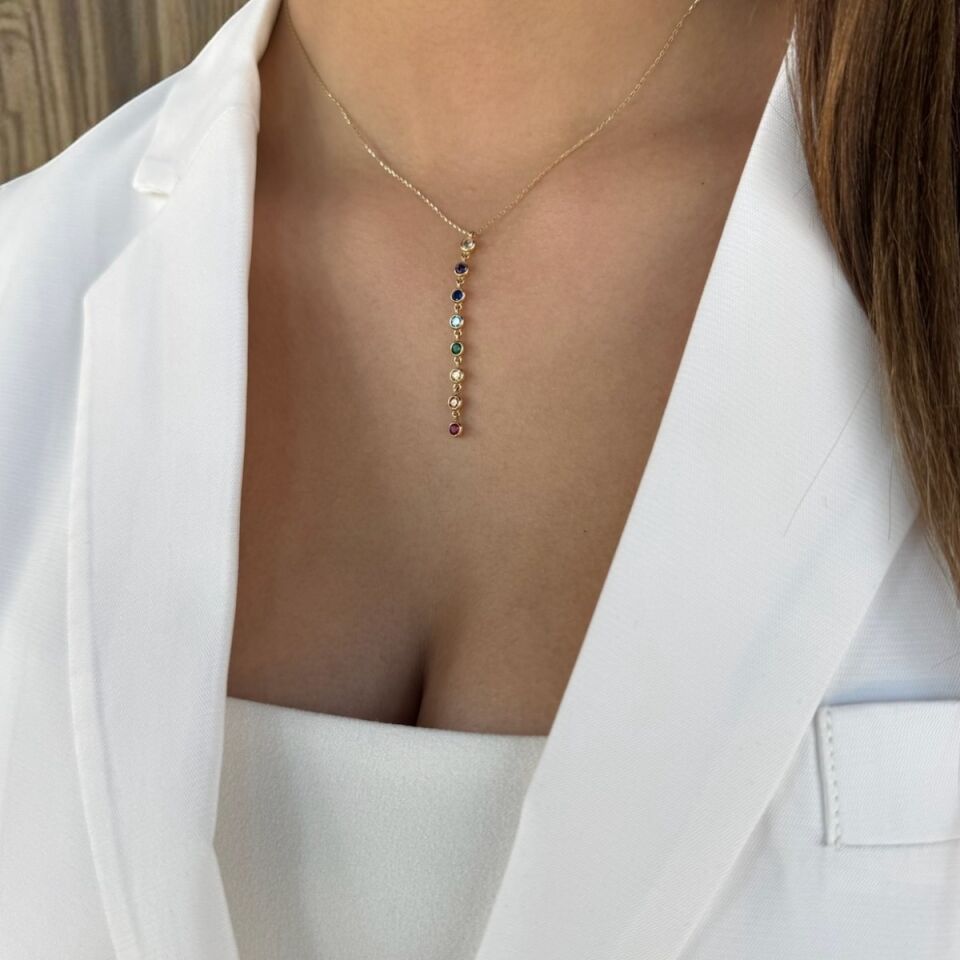 14 AYAR RENKLİ TAŞLI ALTIN KOLYE