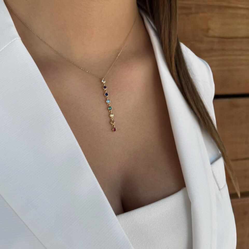 14 AYAR RENKLİ TAŞLI ALTIN KOLYE