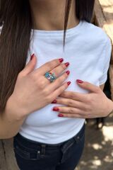 14 AYAR MAVİ MİNELİ ÇİÇEK VE KELEBEK ALTIN YÜZÜK 15