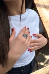 14 AYAR MAVİ MİNELİ ÇİÇEK VE KELEBEK ALTIN YÜZÜK 15