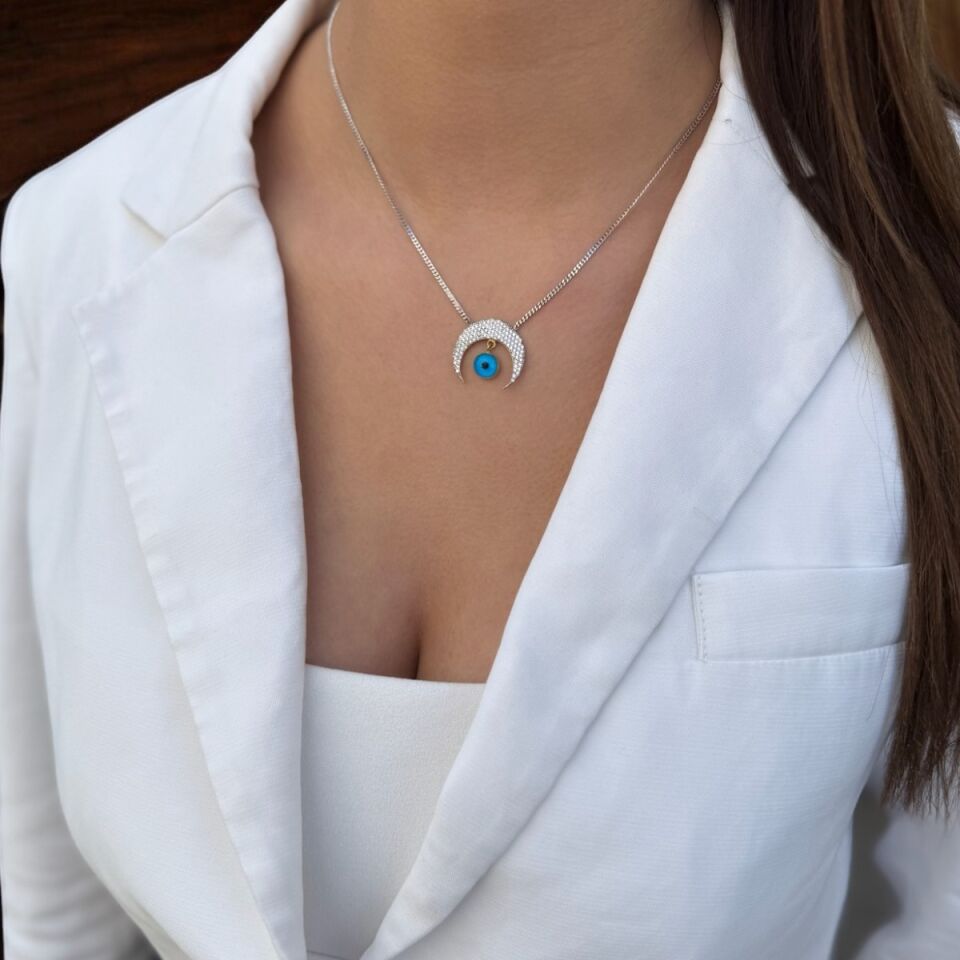 14 AYAR NAZAR BONCUKLU BEYAZ ALTIN HİLAL KOLYE