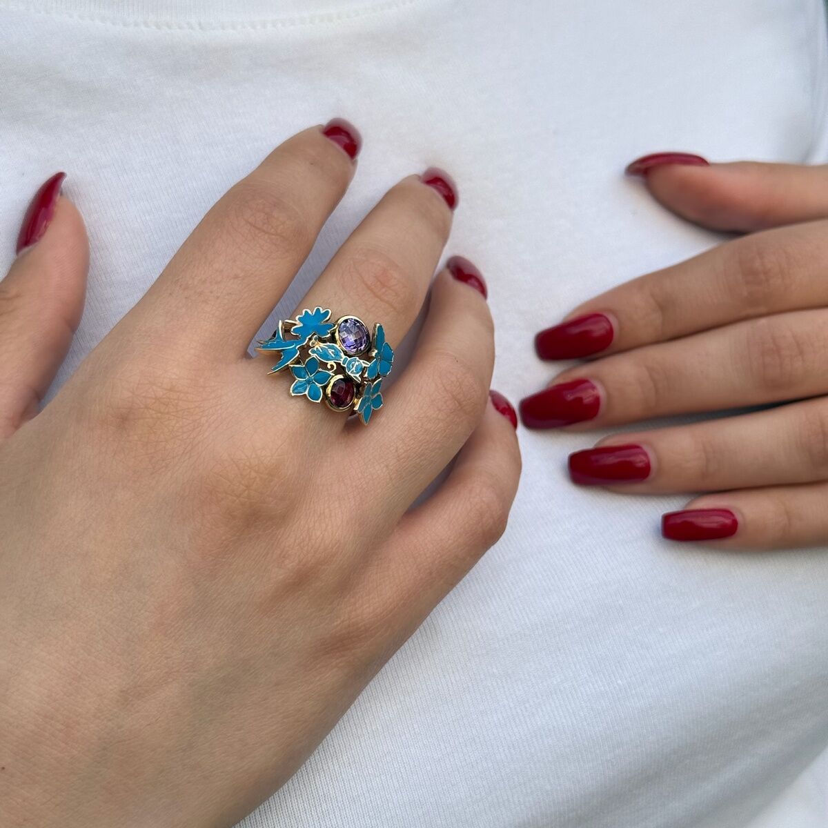 14 AYAR MAVİ MİNELİ ÇİÇEK VE KELEBEK ALTIN YÜZÜK