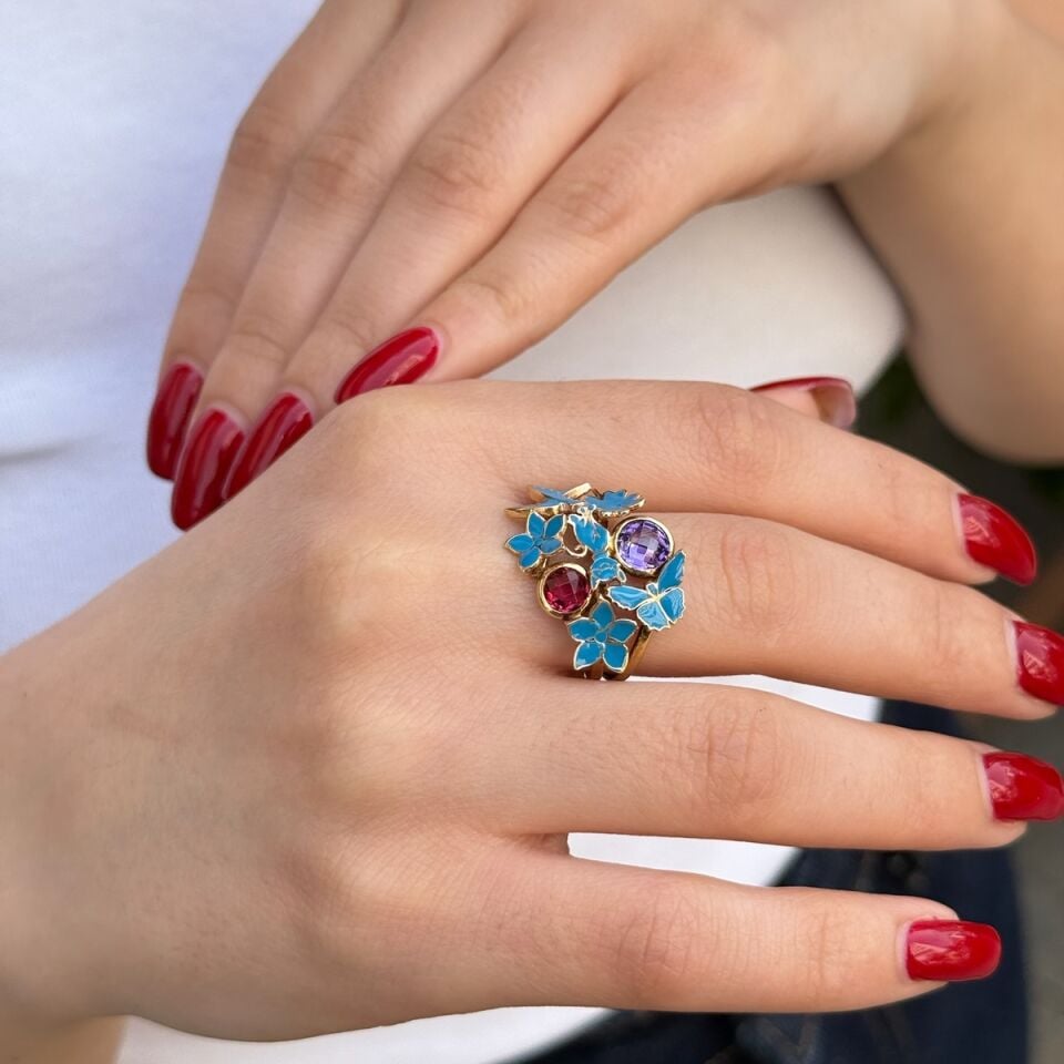 14 AYAR MAVİ MİNELİ ÇİÇEK VE KELEBEK ALTIN YÜZÜK