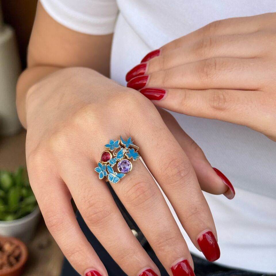 14 AYAR MAVİ MİNELİ ÇİÇEK VE KELEBEK ALTIN YÜZÜK