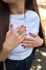 14 AYAR MAVİ MİNELİ ÇİÇEK VE KELEBEK ALTIN YÜZÜK 16