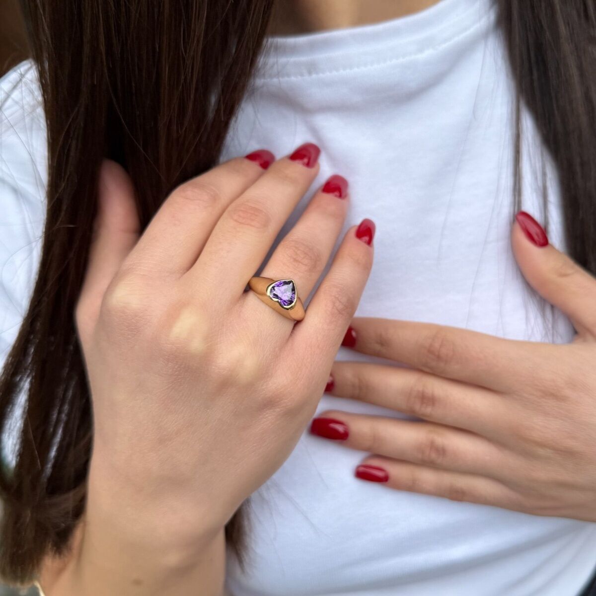 14 AYAR AMETİST TAŞLI KALP YÜZÜK