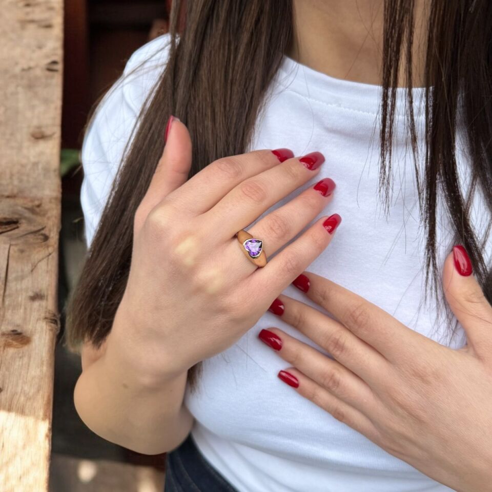 14 AYAR AMETİST TAŞLI KALP YÜZÜK