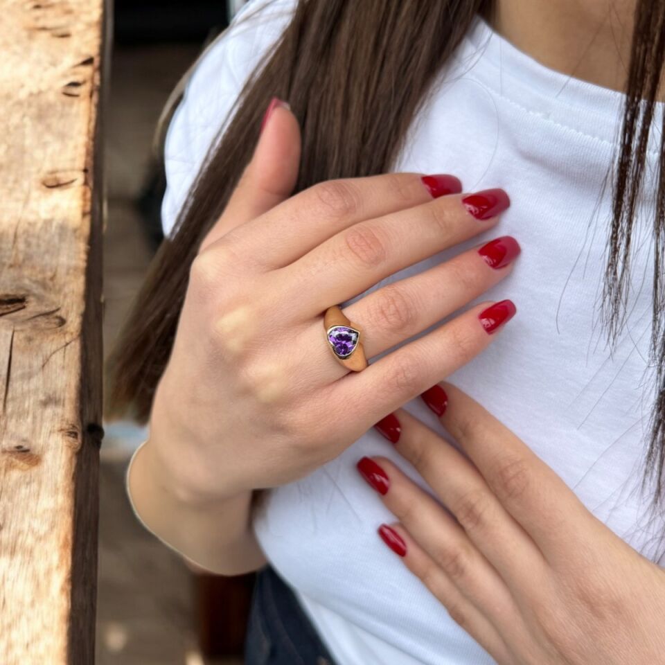 14 AYAR AMETİST TAŞLI KALP YÜZÜK