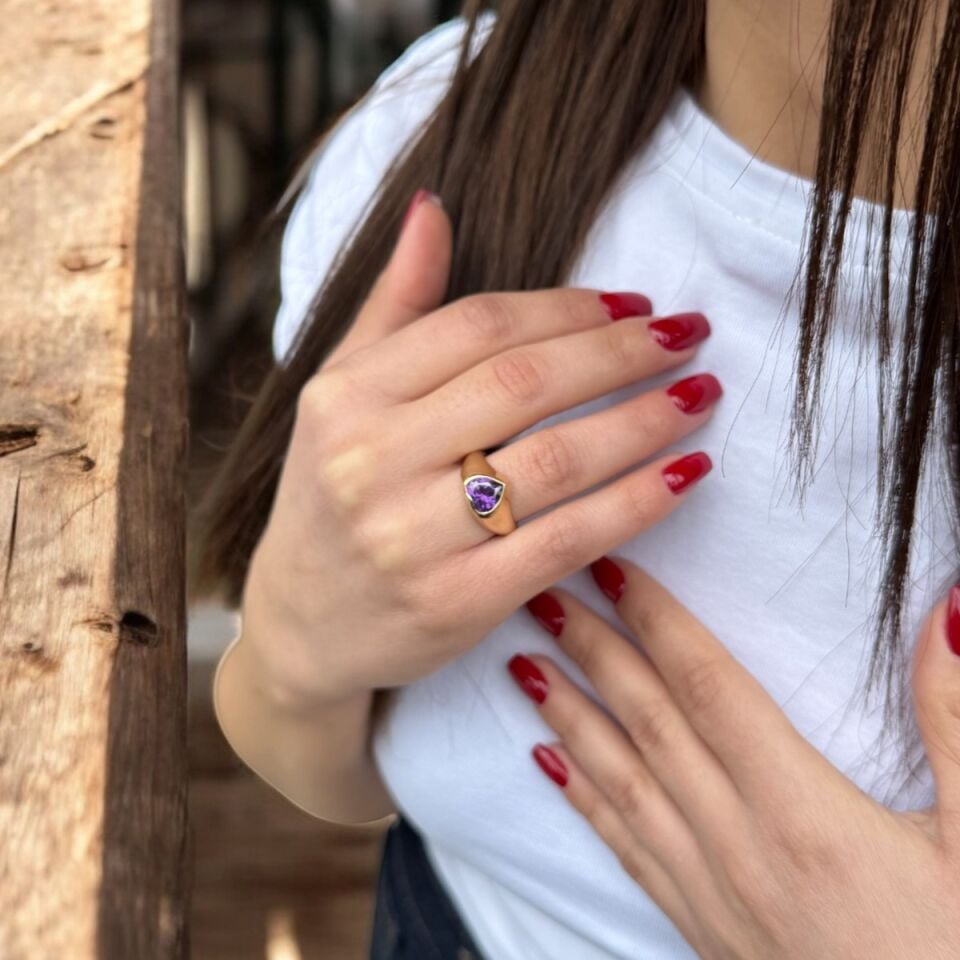 14 AYAR AMETİST TAŞLI KALP YÜZÜK