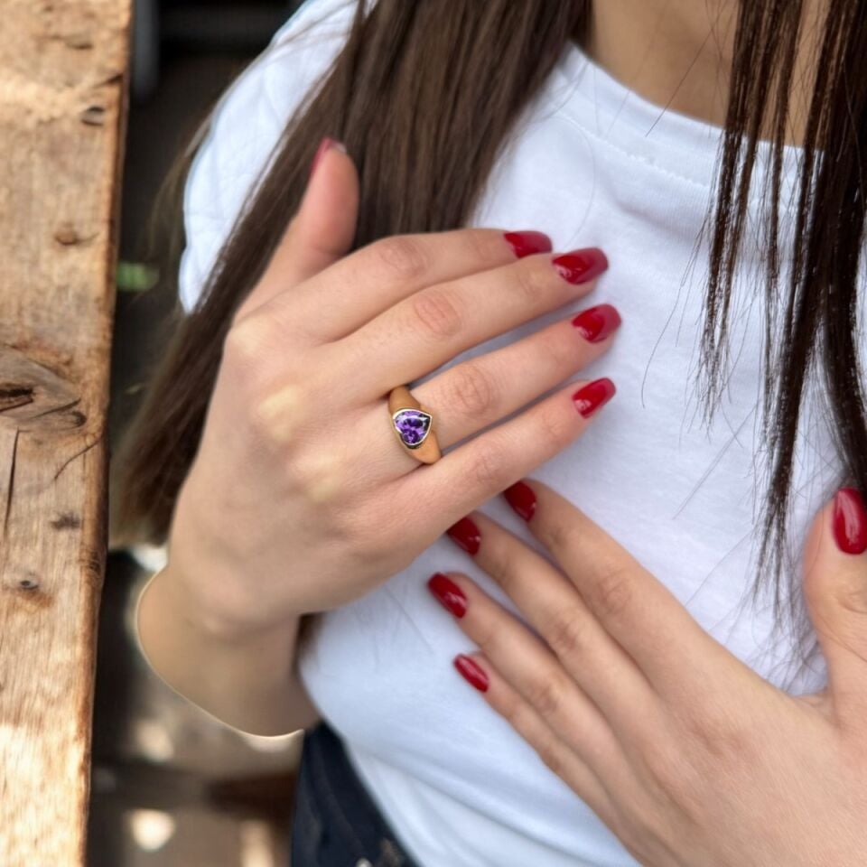 14 AYAR AMETİST TAŞLI KALP YÜZÜK