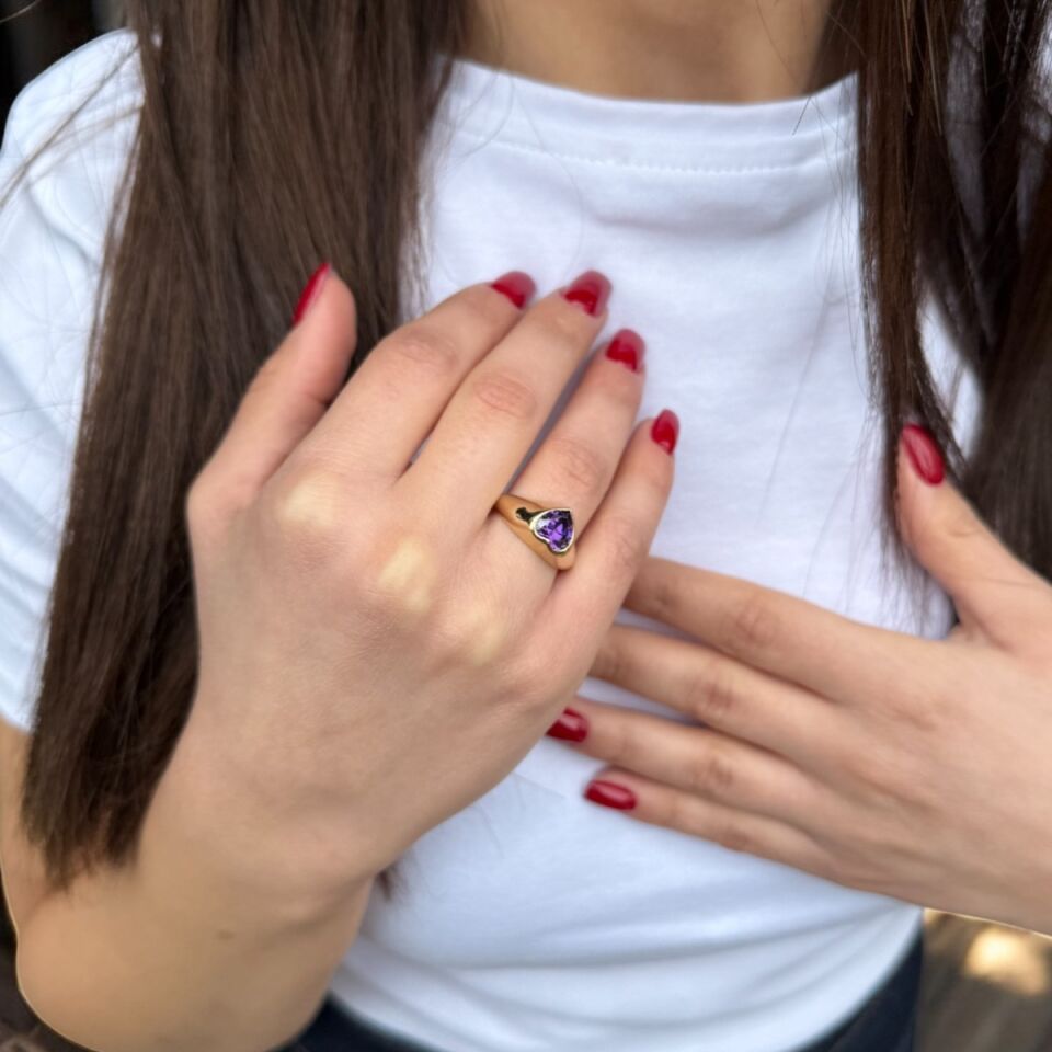 14 AYAR AMETİST TAŞLI KALP YÜZÜK