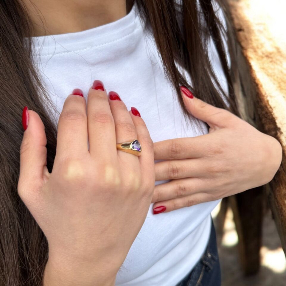 14 AYAR AMETİST TAŞLI KALP YÜZÜK