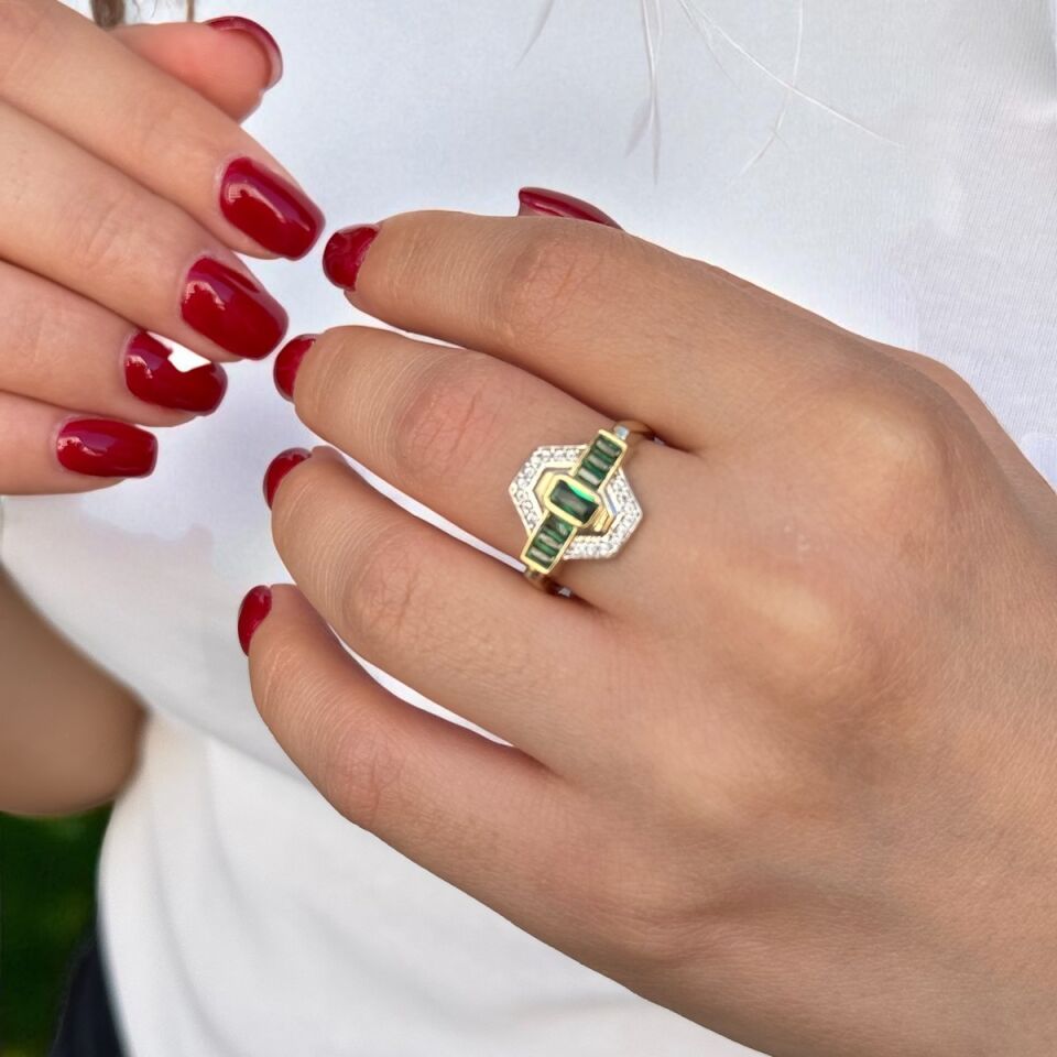 14 AYAR ÖZEL TASARIM VİNTAGE YEŞİL TAŞLI YÜZÜK