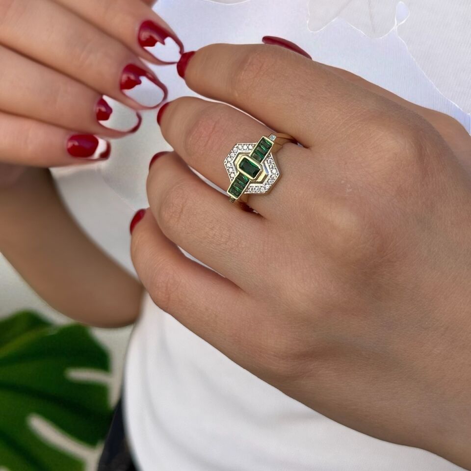 14 AYAR ÖZEL TASARIM VİNTAGE YEŞİL TAŞLI YÜZÜK