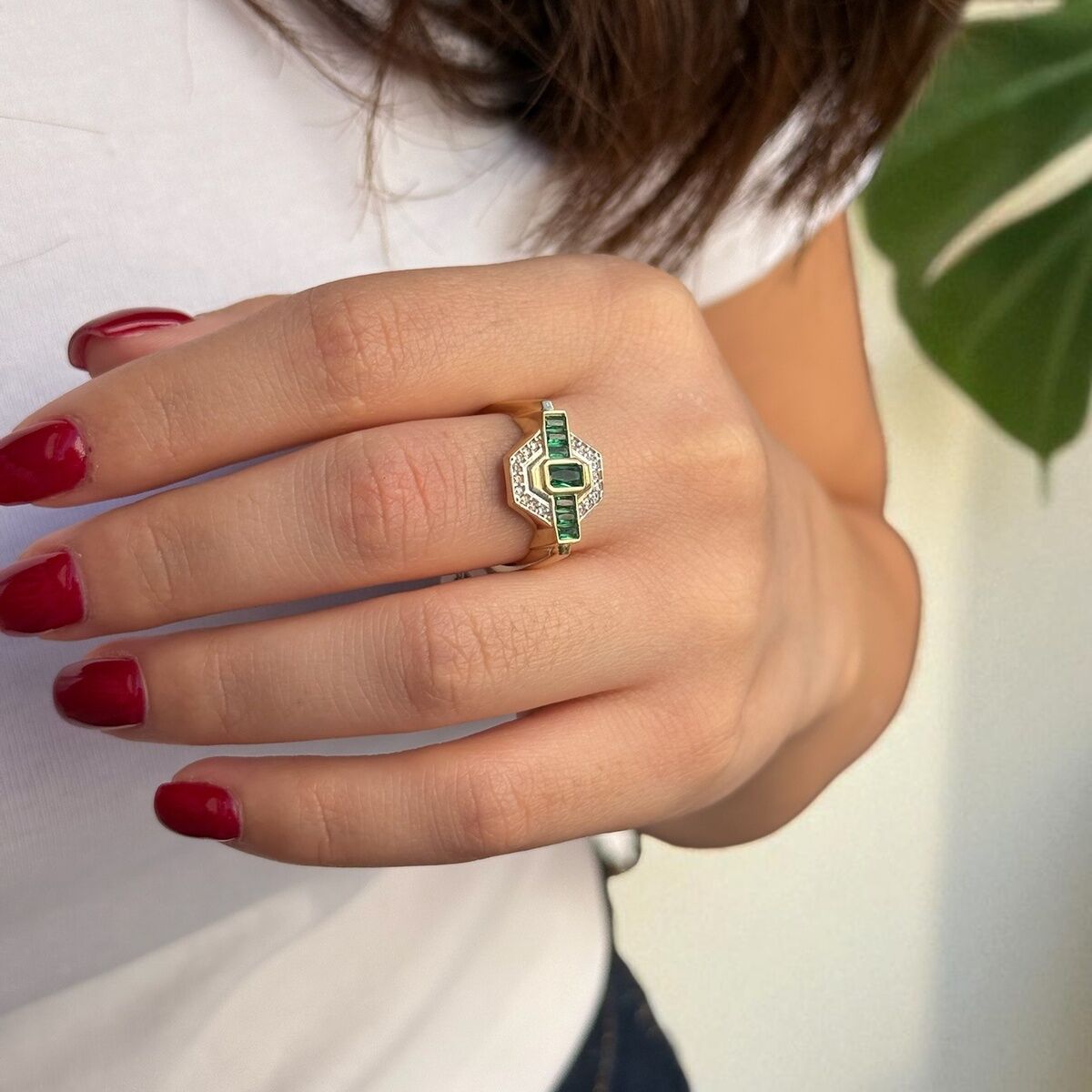 14 AYAR ÖZEL TASARIM VİNTAGE YEŞİL TAŞLI YÜZÜK