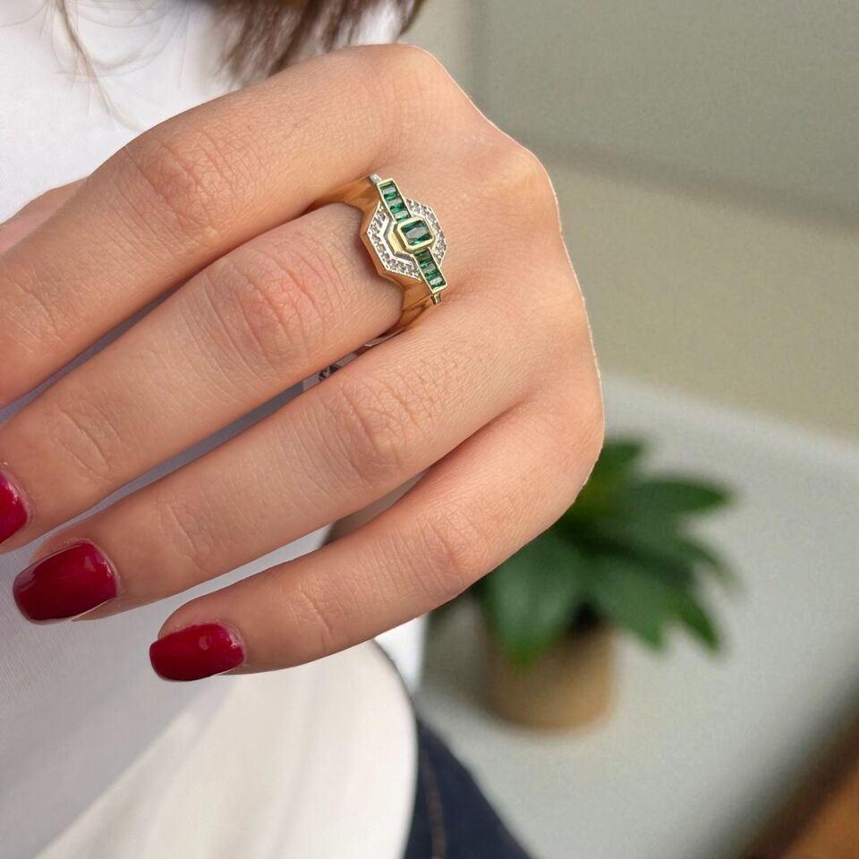 14 AYAR ÖZEL TASARIM VİNTAGE YEŞİL TAŞLI YÜZÜK