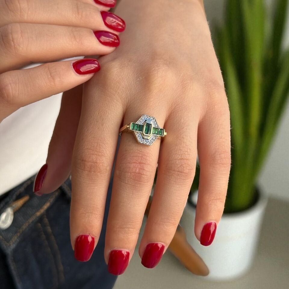 14 AYAR ÖZEL TASARIM VİNTAGE YEŞİL TAŞLI YÜZÜK