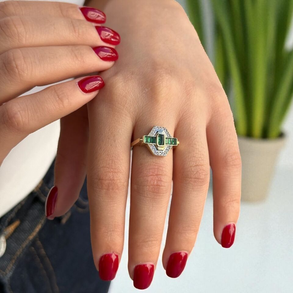 14 AYAR ÖZEL TASARIM VİNTAGE YEŞİL TAŞLI YÜZÜK