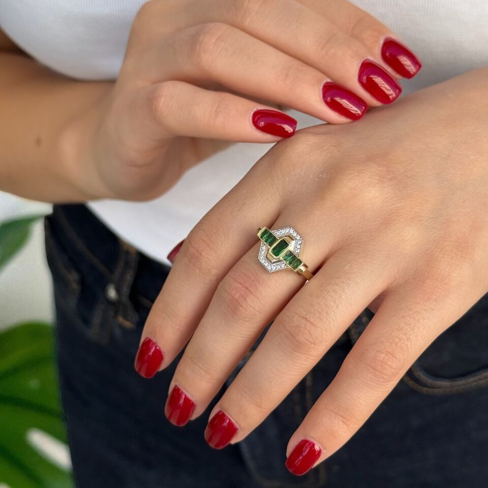 14 AYAR ÖZEL TASARIM VİNTAGE YEŞİL TAŞLI YÜZÜK