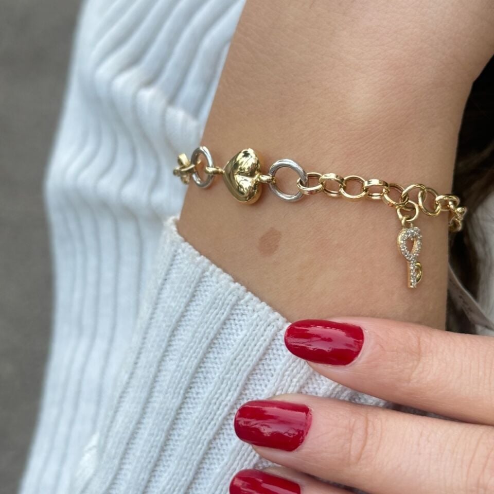 14 AYAR KALP KİLİT VE ANAHTAR DETAYLI ALTIN BİLEKLİK