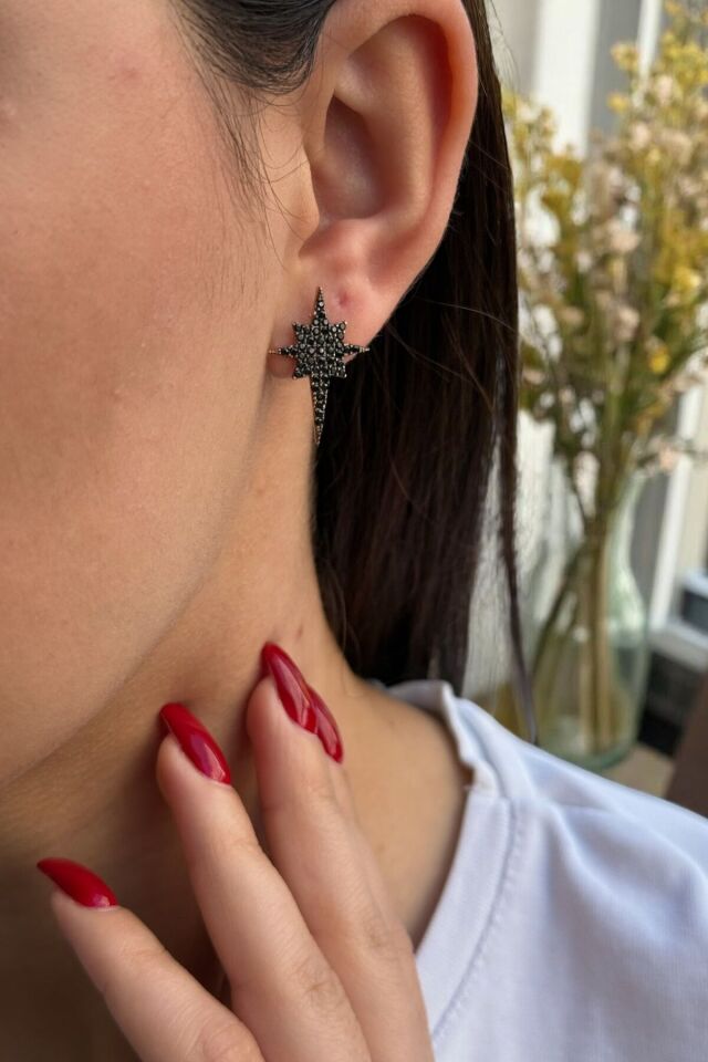 14 AYAR ROSE RENGİ SİYAH TAŞLI KUTUPYILDIZI KÜPE