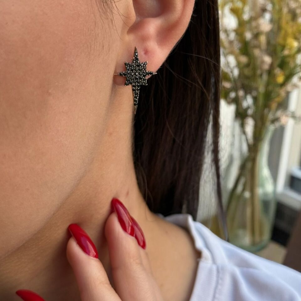 14 AYAR ROSE RENGİ SİYAH TAŞLI KUTUPYILDIZI KÜPE