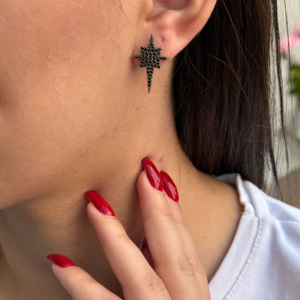 14 AYAR ROSE RENGİ SİYAH TAŞLI KUTUPYILDIZI KÜPE