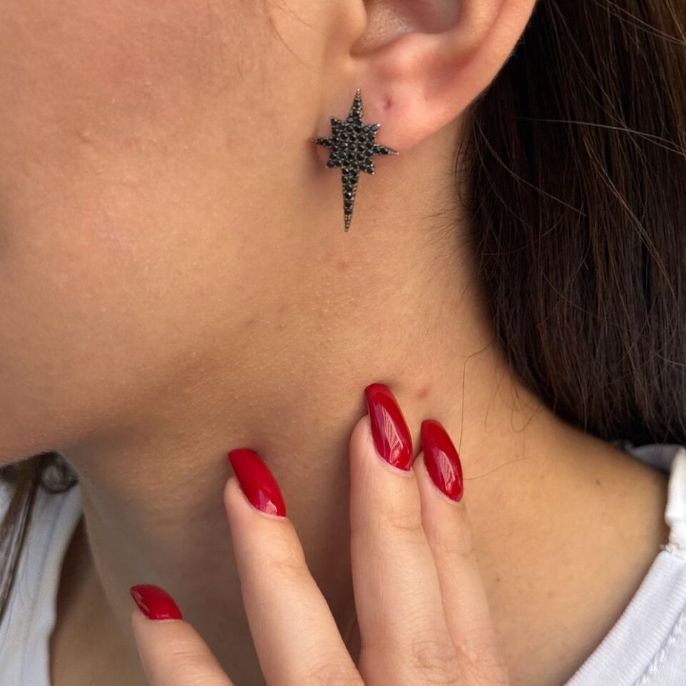14 AYAR ROSE RENGİ SİYAH TAŞLI KUTUPYILDIZI KÜPE