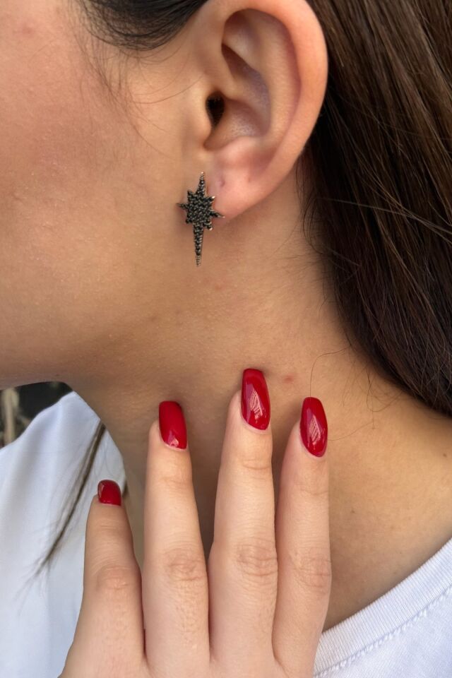 14 AYAR ROSE RENGİ SİYAH TAŞLI KUTUPYILDIZI KÜPE