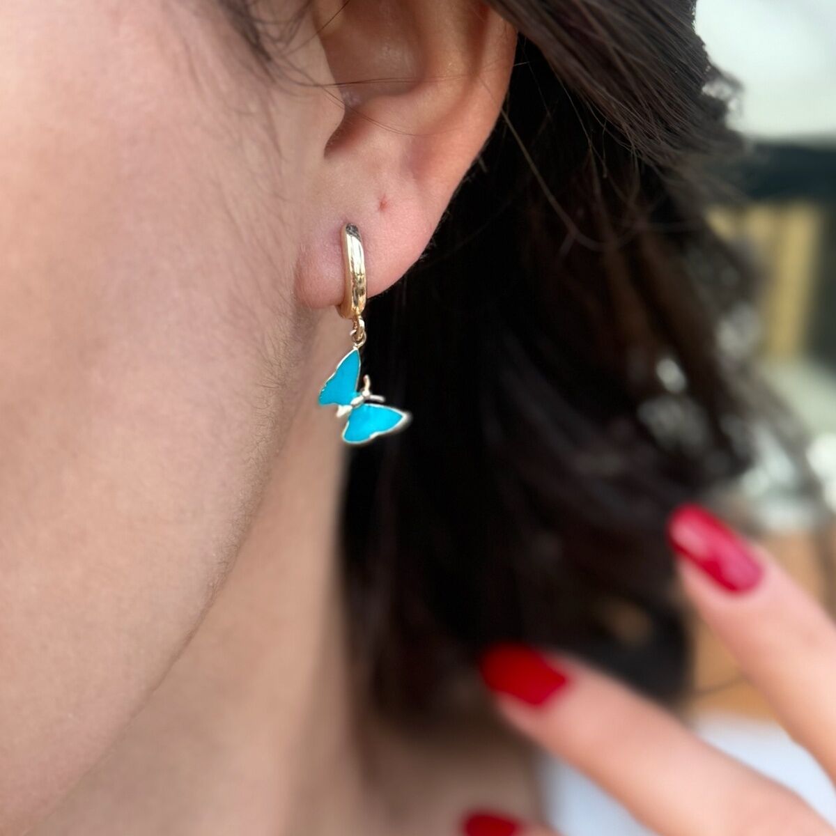 14 AYAR MAVİ MİNELİ KELEBEK KÜPE