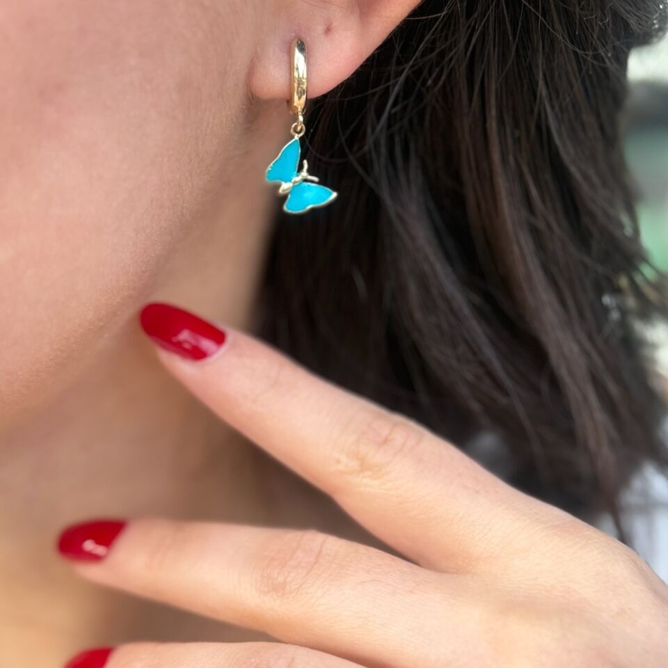 14 AYAR MAVİ MİNELİ KELEBEK KÜPE