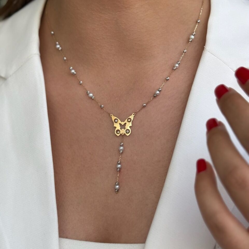 14 Ayar İncili Dorikalı Altın Kelebek Kolye