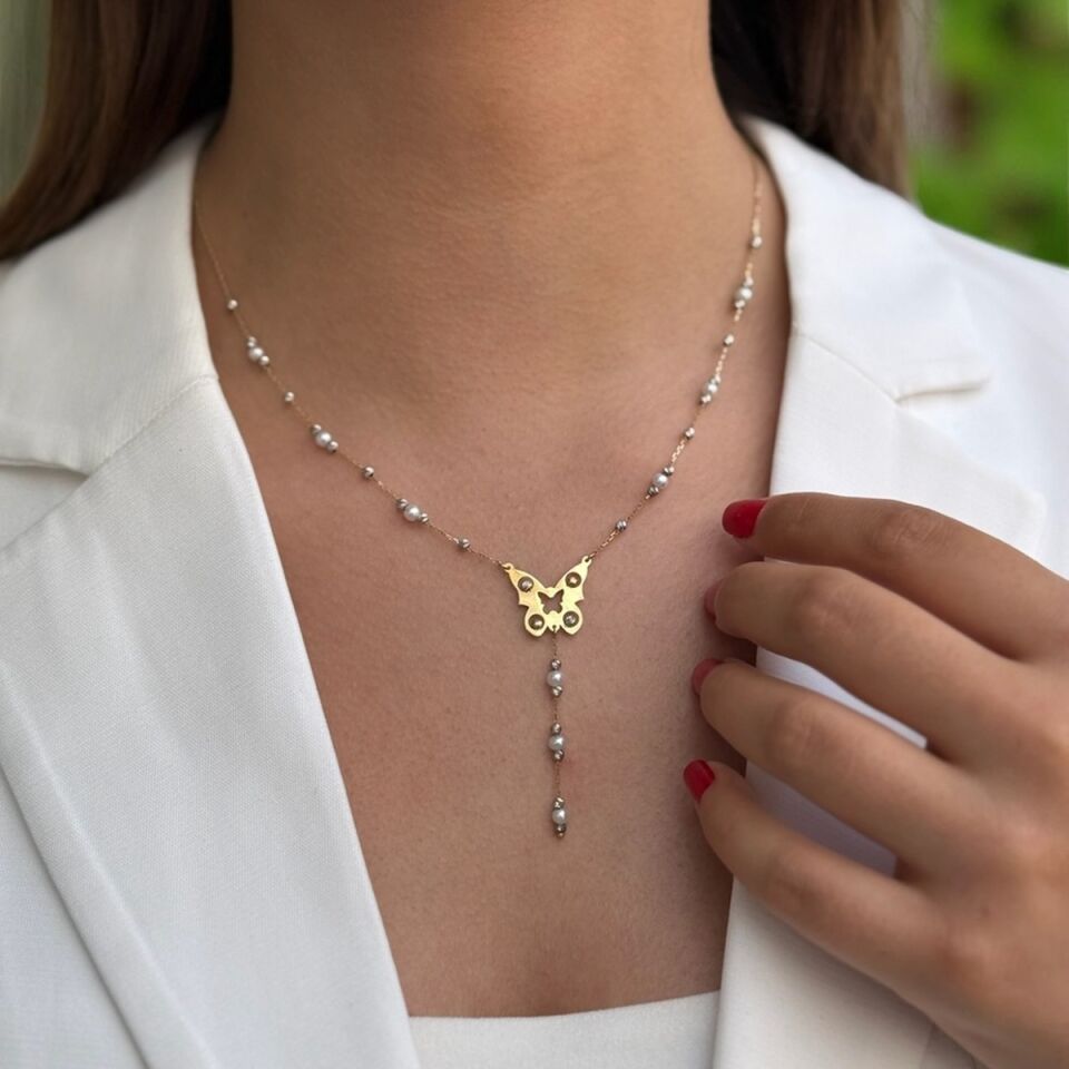 14 Ayar İncili Dorikalı Altın Kelebek Kolye