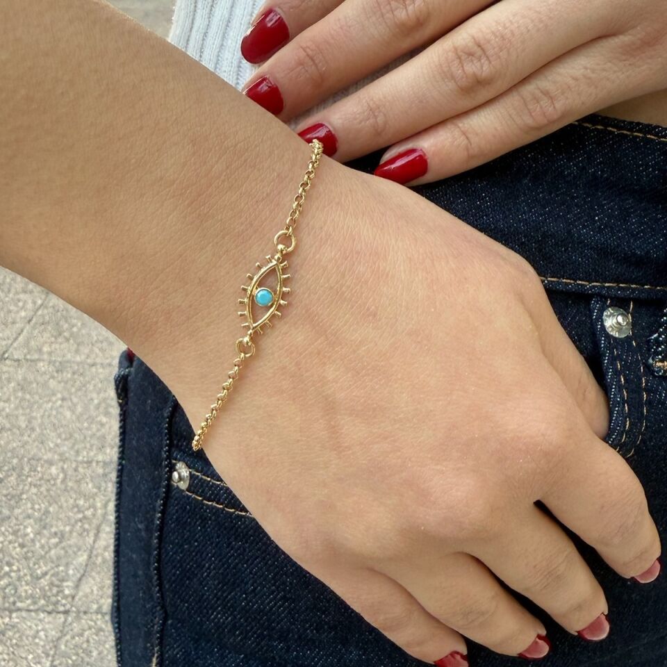 14 AYAR FİRUZE TAŞLI ÖZEL TASARIM GÖZ ALTIN BİLEKLİK