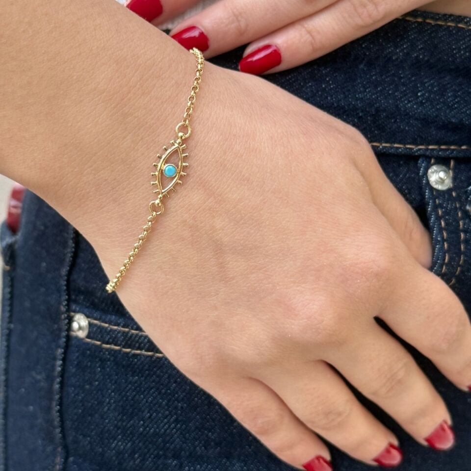 14 AYAR FİRUZE TAŞLI ÖZEL TASARIM GÖZ ALTIN BİLEKLİK